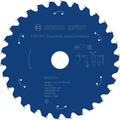 بوش EXPERT Stainless Steel cordless شفرة منشار دائري، 136 × 1.5/1.2 × 20 مم، T30 — EXPERT Stainless Steel cordless Circular Saw Blade, 136 x 1.5/1.2 x 20 mm, T30