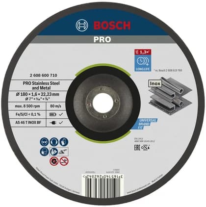 بوش Stainless Steel and Metal Bonded Cutting Disc, 180 x 1.6 x 22.23 mm, With Depressed Centre, oSa — Stainless Steel and Metal Bonded Cutting Disc, 180 x 1.6 x 22.23 mm, With Depressed Centre, oSa