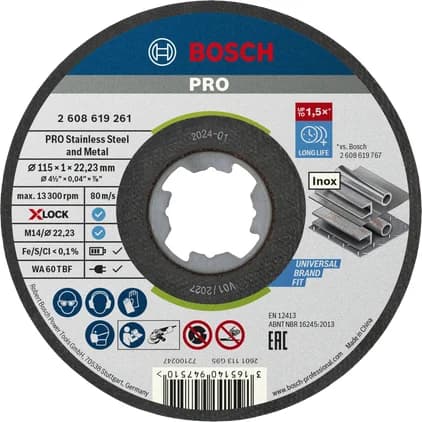 بوش Stainless Steel and Metal Bonded Cutting Disc, 115 x 1 x 22.23 mm, X-Lock, Straight — Stainless Steel and Metal Bonded Cutting Disc, 115 x 1 x 22.23 mm, X-Lock, Straight