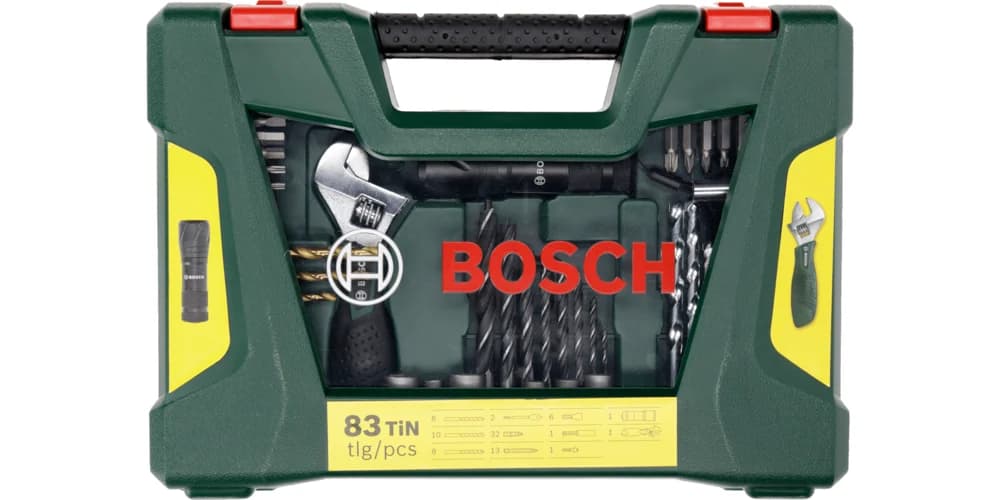 بوش V-Line طقم ريش حفر ومفكات مطلي TiN 83 قطعة مع كشاف LED ومفتاح قابل للتعديل — V-Line Drill- and Screwdriver Bit Set TiN-coated 83 pieces with LED torch and adjustable spanner