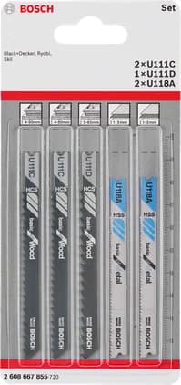 بوش 5-piece U-Shank jigsaw blade set Wood and Metal 3165140839525 طقم شفرات منشار أركت U-Shank — 5-piece U-Shank jigsaw blade set Wood and Metal 3165140839525