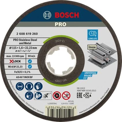 Bosch Stainless Steel and Metal Bonded Cutting Disc, 115 x 1.6 x 22.23 mm, X-Lock, Straight, oSa — Stainless Steel and Metal Bonded Cutting Disc, 115 x 1.6 x 22.23 mm, X-Lock, Straight, oSa