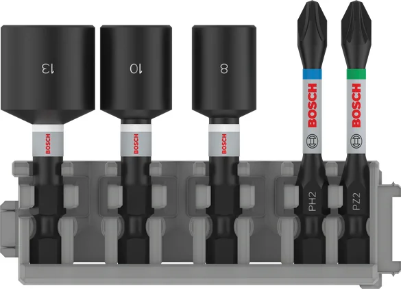 بوش Impact Set with Nutsetters and Pick and Click Index, PH2x50, PZ2x50, NS8x50, NS10x50, NS13x50 mm, 5 pcs 3165140851404 طقم رؤوس مفكات مع مفاتيح صواميل — Impact Set with Nutsetters and Pick and Click Index, PH2x50, PZ2x50, NS8x50, NS10x50, NS13x50 mm, 5 pcs 3165140851404