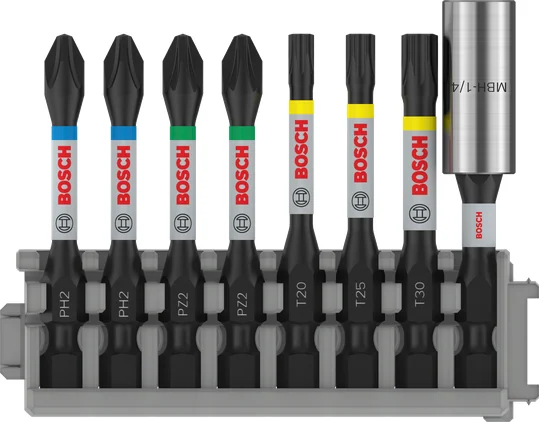 بوش Impact Set with Standard Bit Holder and Pick and Click Index, PH2 (2x), PZ2 (2x), T20, T25, T30, BH, 8 pcs 3165140851169 طقم رؤوس مفكات مع حامل رؤوس — Impact Set with Standard Bit Holder and Pick and Click Index, PH2 (2x), PZ2 (2x), T20, T25, T30, BH, 8 pcs 3165140851169