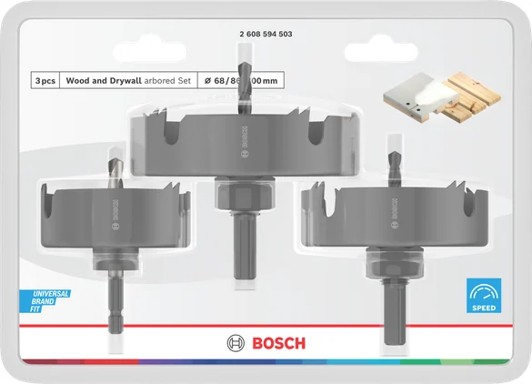 بوش Wood and Drywall Arbored Hole Saw Set with Pilot Drill, 68; 86; 100 x 27 mm طقم منشار ثقب — Wood and Drywall Arbored Hole Saw Set with Pilot Drill, 68; 86; 100 x 27 mm