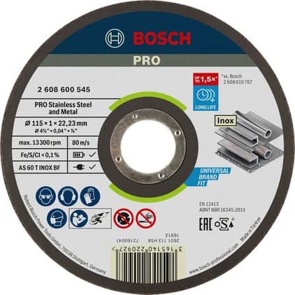 بوش Stainless Steel and Metal Bonded Cutting Disc, 115 x 1 x 22.23 mm, Straight — Stainless Steel and Metal Bonded Cutting Disc, 115 x 1 x 22.23 mm, Straight