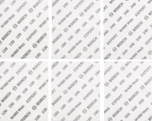 بوش EXPERT W480 Web 1/4 طقم أوراق صنفرة يدوية — EXPERT W480 Web 1/4 Hand Sanding Sheet Set, 115 x 140 mm, G120 (2x); G180 (2x); G240 (1x); G320 (1x), 6 pcs