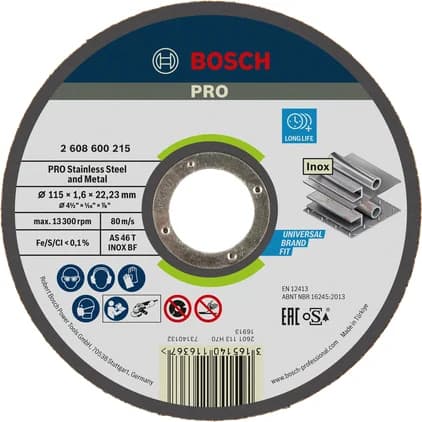Bosch Stainless Steel and Metal Bonded Cutting Disc, 115 x 1.6 x 22.23 mm, Straight — Stainless Steel and Metal Bonded Cutting Disc, 115 x 1.6 x 22.23 mm, Straight