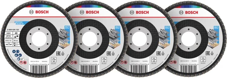 بوش X451 Flap Disc Set, 115 x 22.23 mm, G40; 60; 80; 120, T29, 60 pcs طقم أقراص تجليخ — X451 Flap Disc Set, 115 x 22.23 mm, G40; 60; 80; 120, T29, 60 pcs