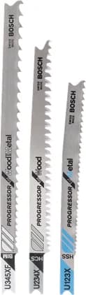 بوش 3-piece jigsaw blade set U-Shank Progressors for Wood and Metal 3165140198875 طقم ريش منشار — 3-piece jigsaw blade set U-Shank Progressors for Wood and Metal 3165140198875