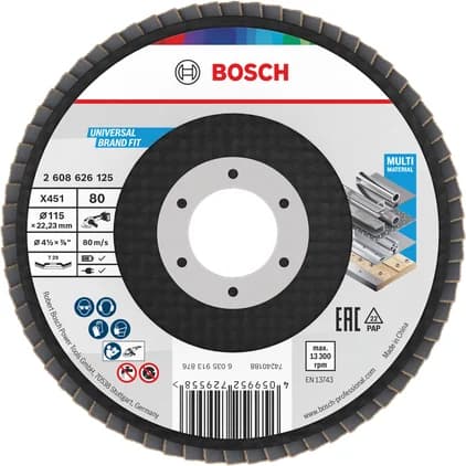 بوش X451 Flap Disc, 115 x 22.23 mm, G80, T29, 60 pcs قرص تجليخ — X451 Flap Disc, 115 x 22.23 mm, G80, T29, 60 pcs