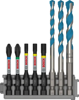 بوش Impact Set with Multi Construction Drill Bit and Pick and Click Index, PH2 x 50 mm, PZ2 x 50 mm, T20 x 50 mm, T25 x 50 mm, T30 x 50 mm — Impact Set with Multi Construction Drill Bit and Pick and Click Index, PH2 x 50 mm, PZ2 x 50 mm, T20 x 50 mm, T25 x 50 mm, T30 x 50 mm, MC 5/6/8 x 50 mm, 8 pcs 3165140881746