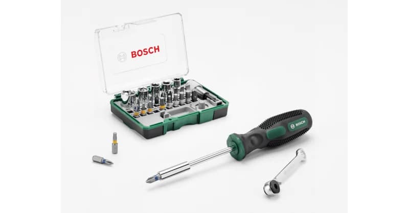 بوش Screwdriver Bit Set 27 pieces with Ratchet and Hand Screwdriver طقم لقمة مفك براغي مع مفتاح سقاطة ومفك يدوي — Screwdriver Bit Set 27 pieces with Ratchet and Hand Screwdriver