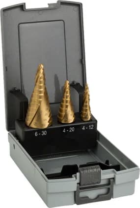 بوش 3-piece HSS-TiN step drill bit set 4-12/4-20/6-30 3165140630269 طقم ريش دريل متدرجة — 3-piece HSS-TiN step drill bit set 4-12/4-20/6-30 3165140630269