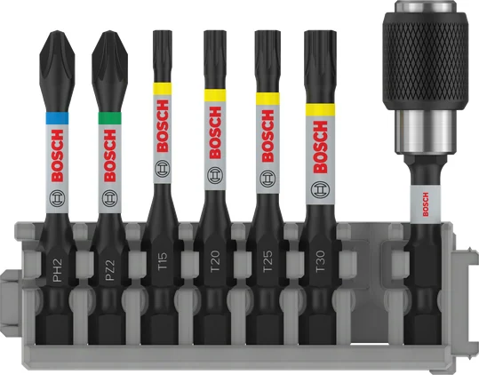 بوش Impact Set with Quick Change Bit Holder and Pick and Click Index, PH2, PZ2, T15, T20, T25, T30, QC BH, 50 mm, 8 pcs 3165140851176 طقم رؤوس مفكات مع حامل رؤوس سريع التغيير — Impact Set with Quick Change Bit Holder and Pick and Click Index, PH2, PZ2, T15, T20, T25, T30, QC BH, 50 mm, 8 pcs 3165140851176
