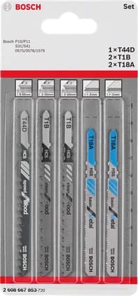 بوش 5-piece T-Shank jigsaw blade set Wood and Metal 3165140839501 طقم شفرات منشار أركت T-Shank — 5-piece T-Shank jigsaw blade set Wood and Metal 3165140839501