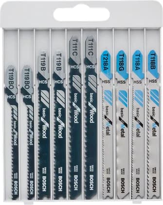 بوش 10-piece jigsaw blade set Basic for Metal and Wood 3165140579360 طقم شفرات منشار — 10-piece jigsaw blade set Basic for Metal and Wood 3165140579360