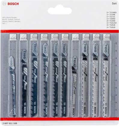بوش 10-piece T-Shank Jigsaw blade Set for Wood 3165140913409 طقم شفرات منشار — 10-piece T-Shank Jigsaw blade Set for Wood 3165140913409