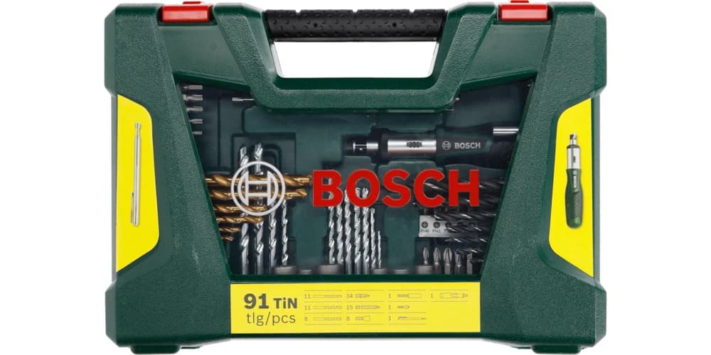 بوش V-Line طقم ريش حفر ومفكات مطلي TiN 91 قطعة مع مفتاح سقاطة ومغناطيس — V-Line Drill- and Screwdriver Bit Set TiN-coated 91 pieces with ratchet and magnet