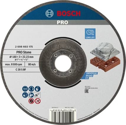 بوش Stone Bonded Cutting Disc, 180 x 3 x 22.23 mm, With Depressed Centre — Stone Bonded Cutting Disc, 180 x 3 x 22.23 mm, With Depressed Centre